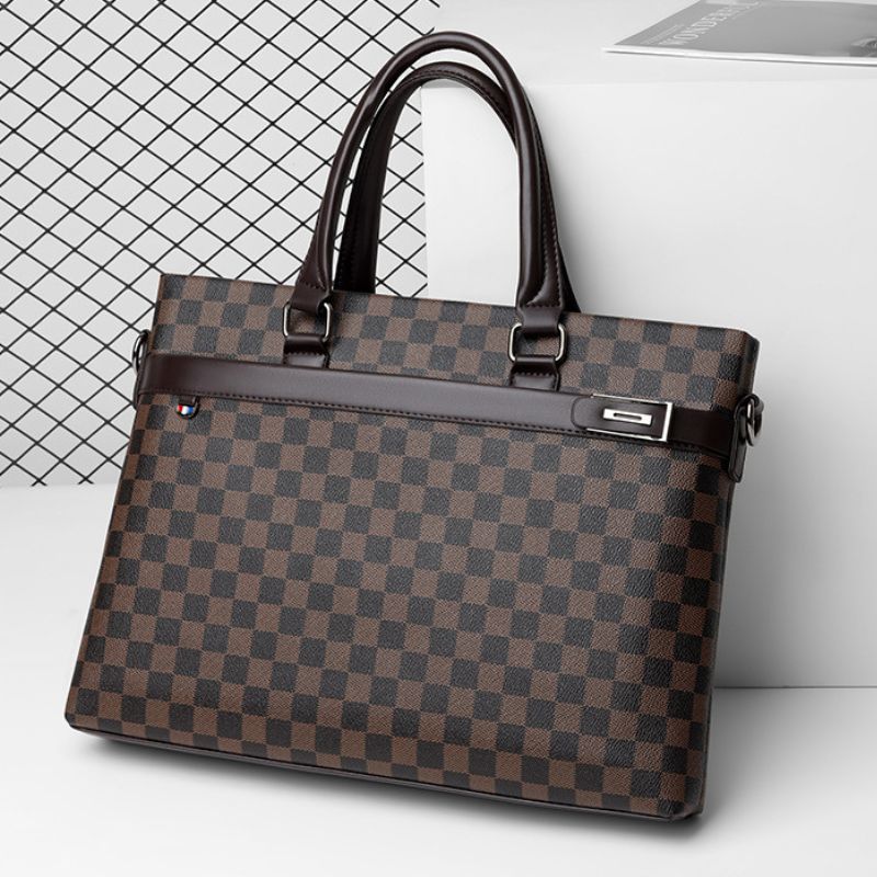 Checkered briefcase with brown and black pattern on a white background