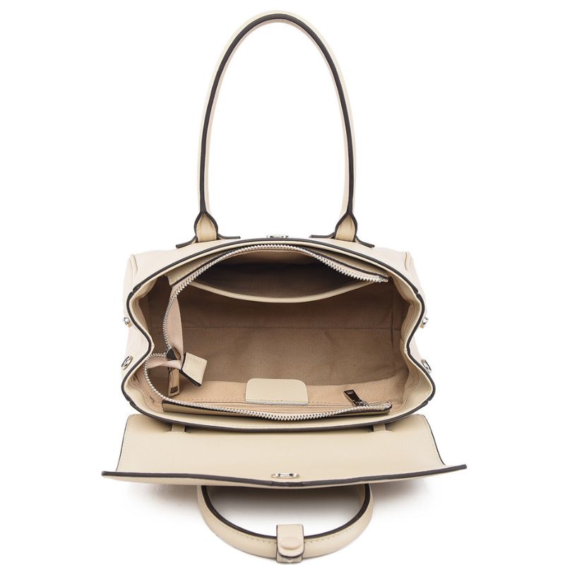 Beige handbag with open front compartment on a white background