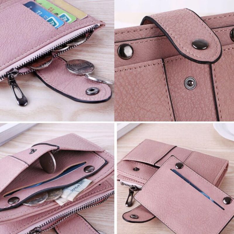 Collage of a pink wallet with various features on a light wooden surface.