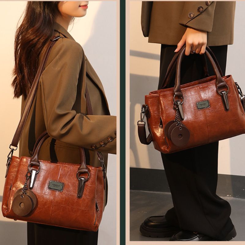 Brown leather handbag worn by a person in two different poses.