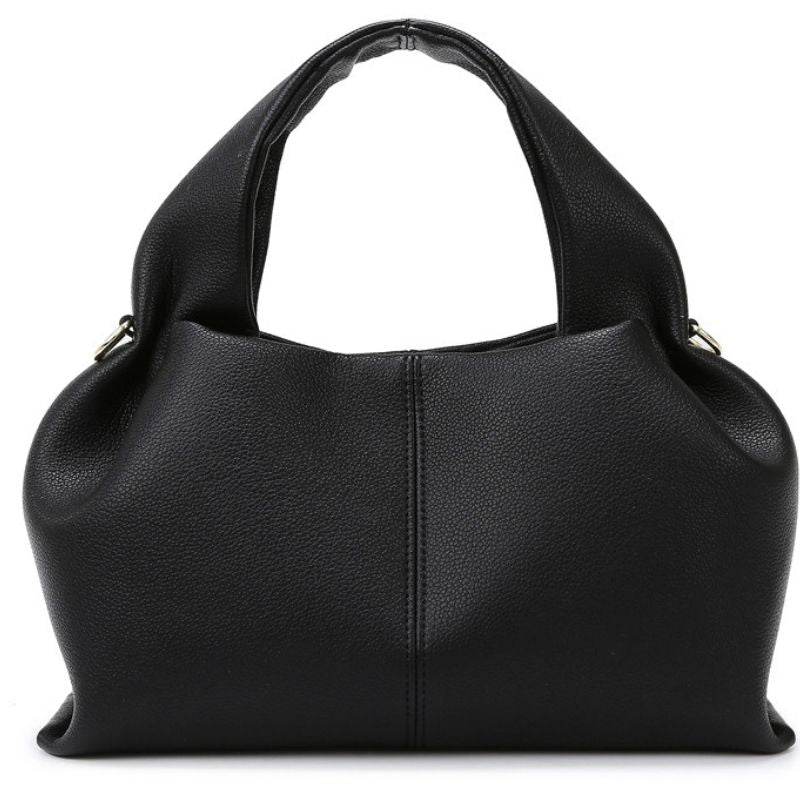 Black leather handbag on a white background