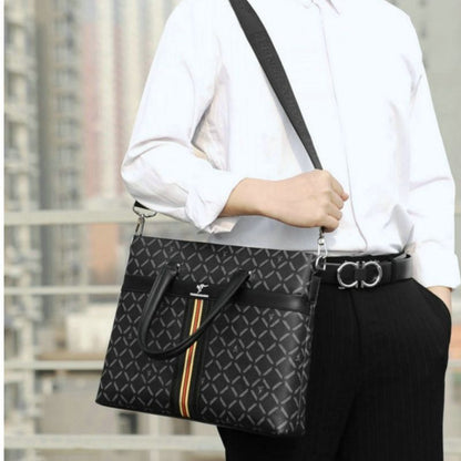 Person wearing a black patterned handbag with a blurred background