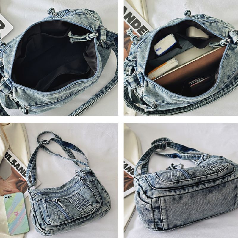 Denim handbag shown from multiple angles on a light background