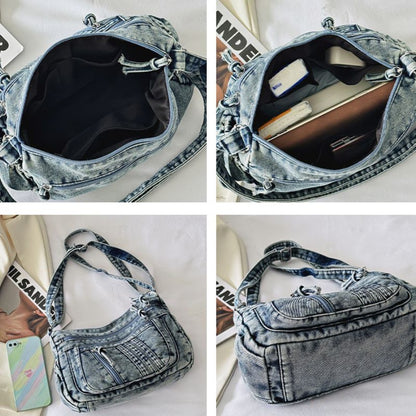 Denim handbag shown from multiple angles on a light background