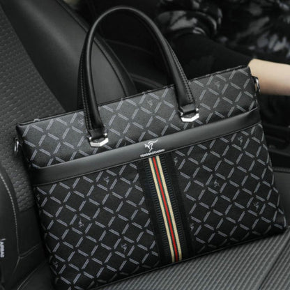 Designer handbag with geometric pattern and visible brand logo on a car seat.